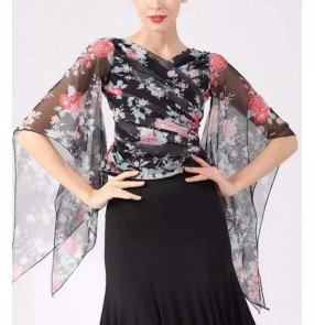 Floral printed ballroom latin dance tops for women girls wide flowy sleeves waltz tango foxtrot smooth dance long shirt blouses